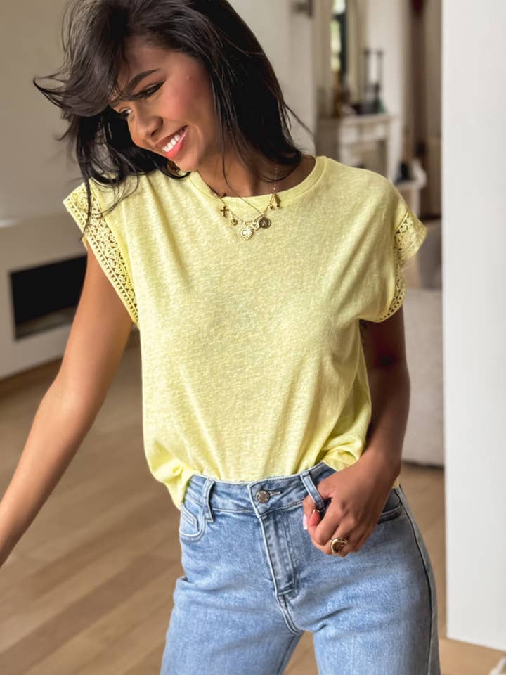 Yellow Cream Lace Patchwork Cap Sleeve Round Neck T Shirt for wholesale on Faire5
