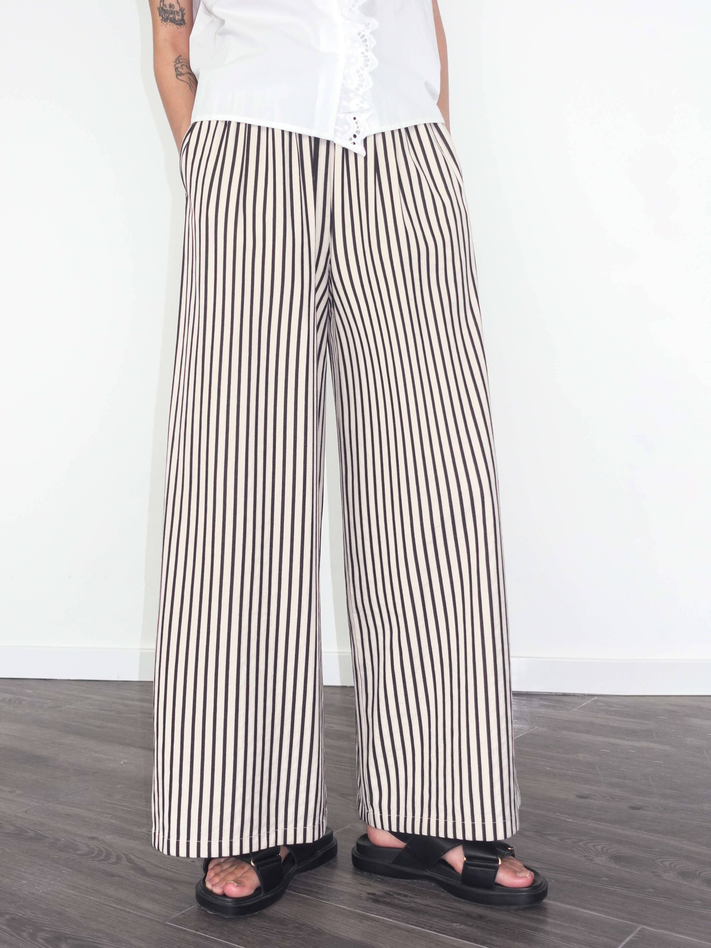 Beige Elastic Waist Striped Straight Trousers for wholesale on Faire3