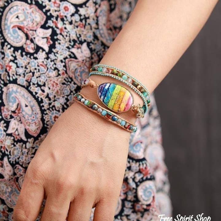 Free Spirit Shop - Wholesale Beaded bracelet - Mixed Stones & Rainbow Chakra Wrap Bracelet1