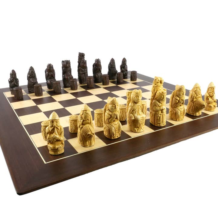 Chess Set - Medieval Natural Stained on Walnut/Sycamore Bd for wholesale by WorldWise Imports