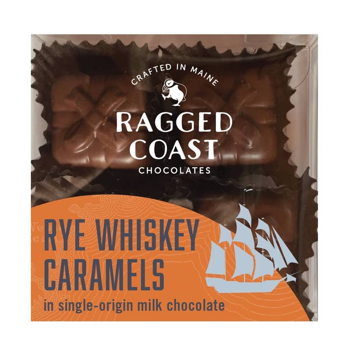 Rye Whiskey Caramels for wholesale by Ragged Coast Chocolates