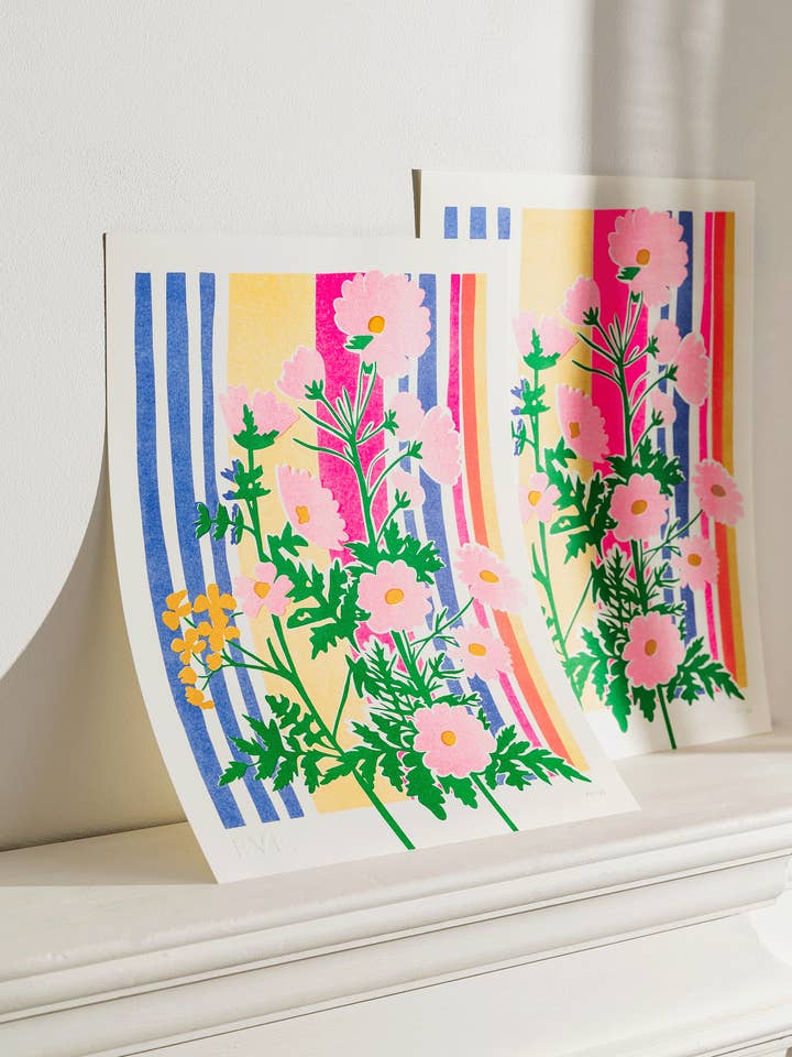 Stampa Wild Flower Stripe in Risograph per la vendita all'ingrosso da parte di Eve Print Studio.