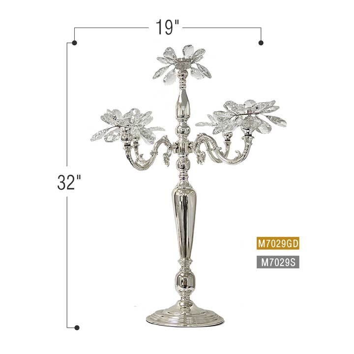 5 Arm Crystal Candelabra Metal Candle Holder, Silver for wholesale on Faire