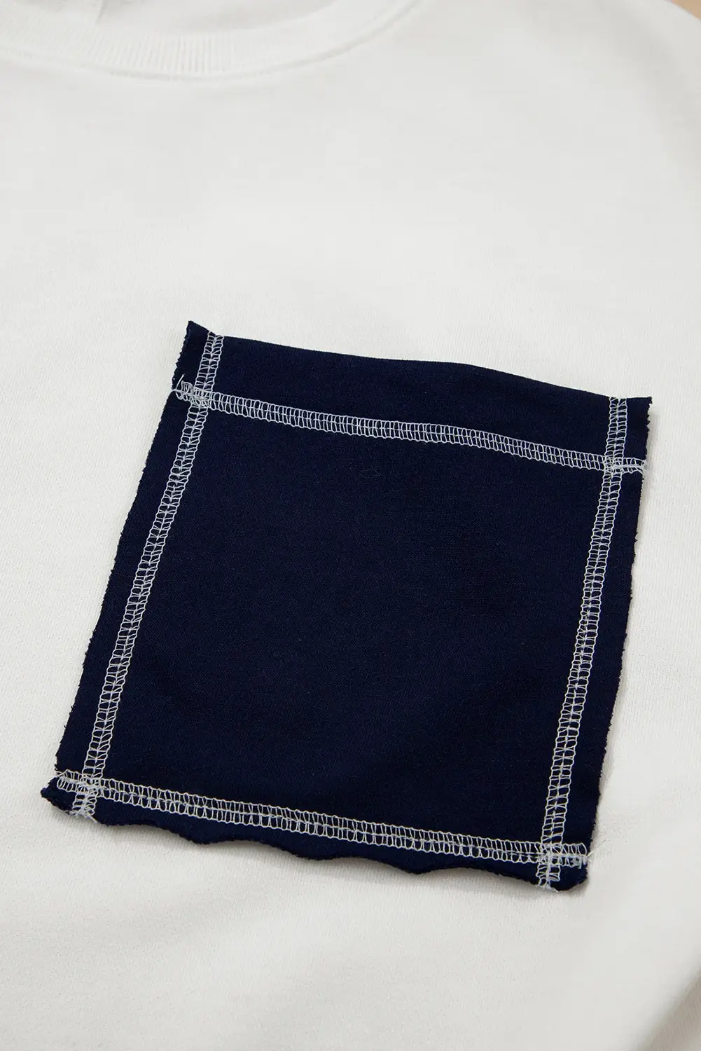 White Exposed Seam Detail Color Block Patch Pocket Sweatshirt for wholesale on Faire5