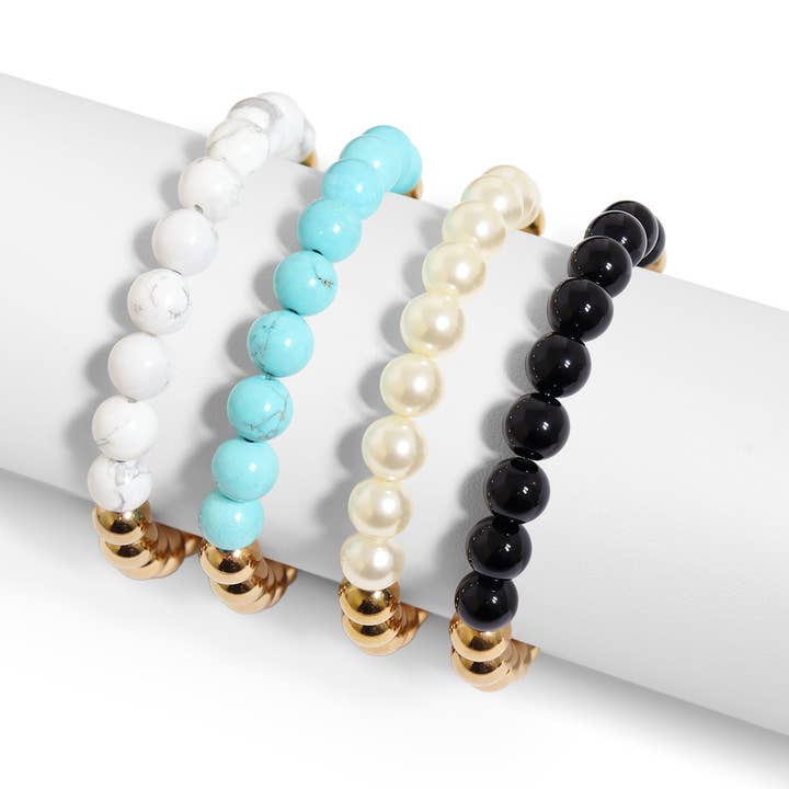 18K Gold PVD Stainless Steel Semi Precious Beaded Stretch Bracelets / SBB0355 for wholesale by WJW