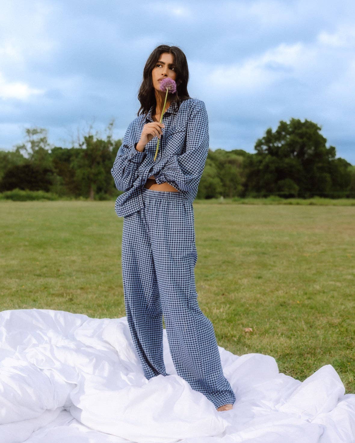 Chelsea Peers – wholesale Sleepwear set – Women's – Organic Cotton Gingham Check Long Pyjama Set - Blue0