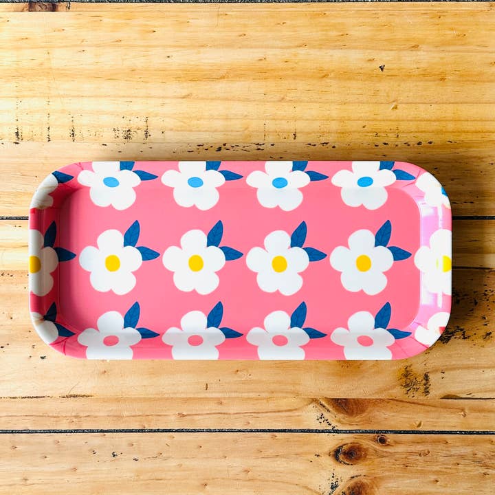 Enamelhappy - Wholesale Serving Tray - Small Pink Rectangle Tray Retro Floral Print Cute Kitsch0