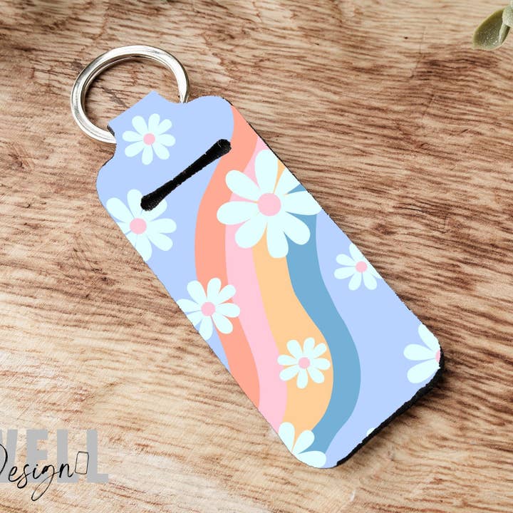 Rainbow Daisy Chapstick Holder Keychain for wholesale by BidwellbyDesign