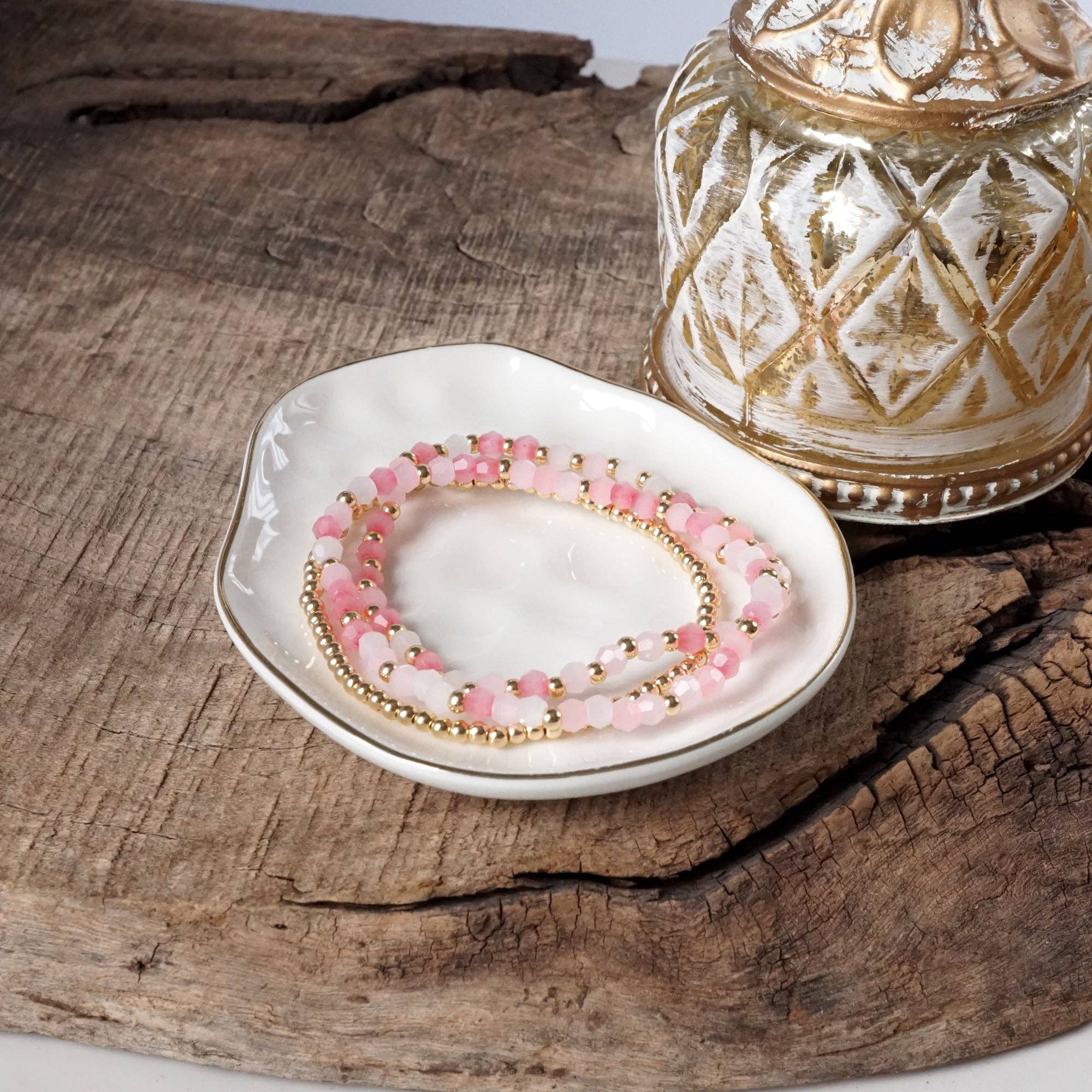 PennyLine inc - Wholesale Beaded Bracelet - Small Gold tone and Glass beads bracelet stack of 3 bracelets - Pink Mint Multi4