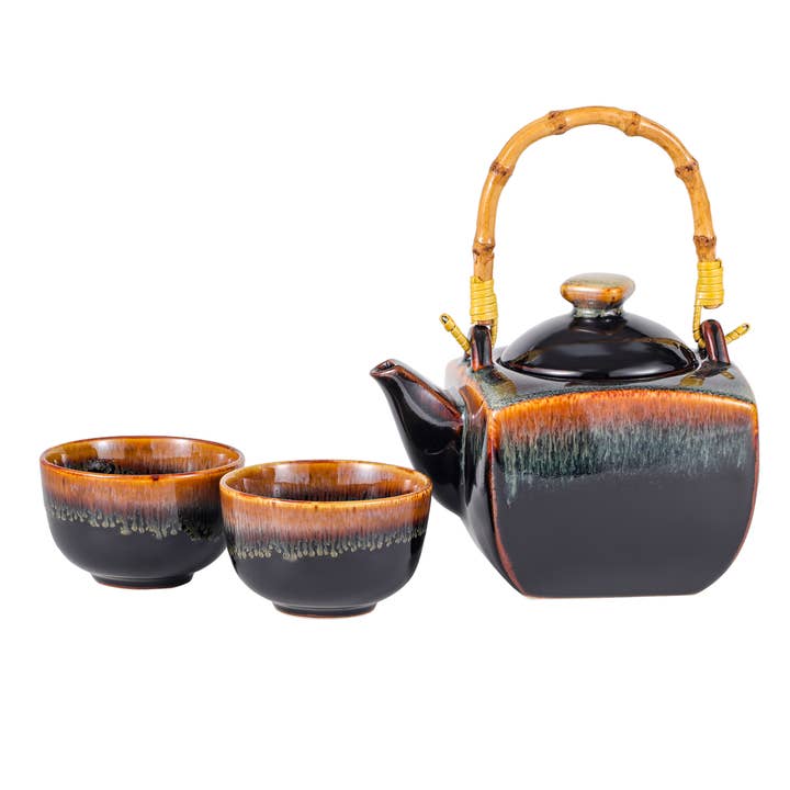 Urban Tokyo - Wholesale Tea Set - Black Brown Reactive Glaze Tea Set 32oz Tea Pot with 2 Cups (1/12)