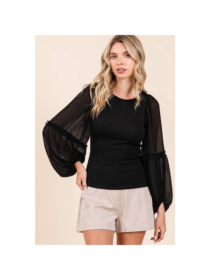 mittoshop - Wholesale Knit Top - Women's - MIXED MEDIA TEXTURED KNIT CHIFFON LONG SLEEVE TOP