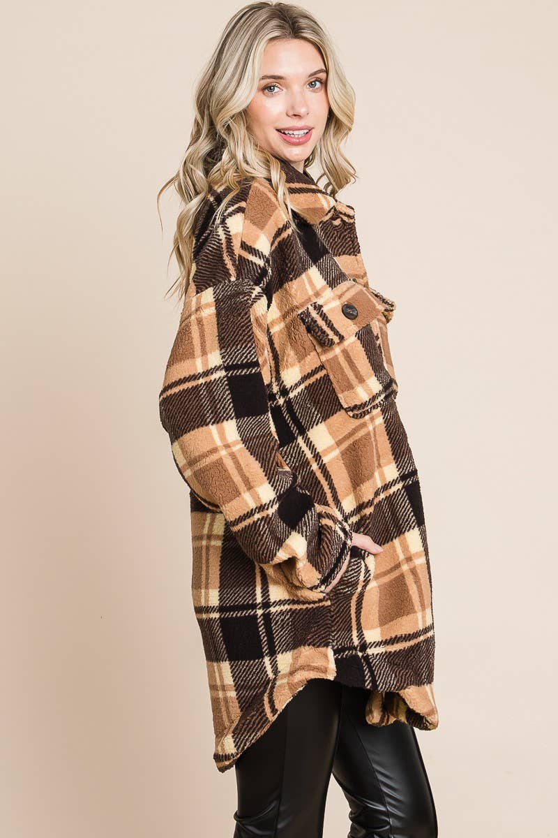 BNS - Wholesale Shirt Jacket/Shacket - Women's - Plaid Print Drop Shoulder Teddy Shacket w/Pockets6