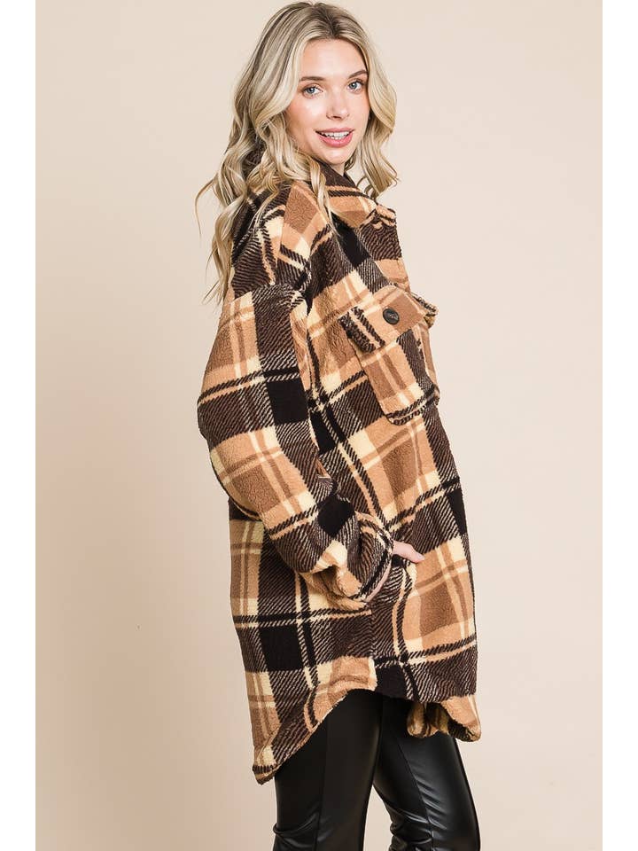 BNS - Wholesale Shirt Jacket/Shacket - Women's - Plaid Print Drop Shoulder Teddy Shacket w/Pockets6