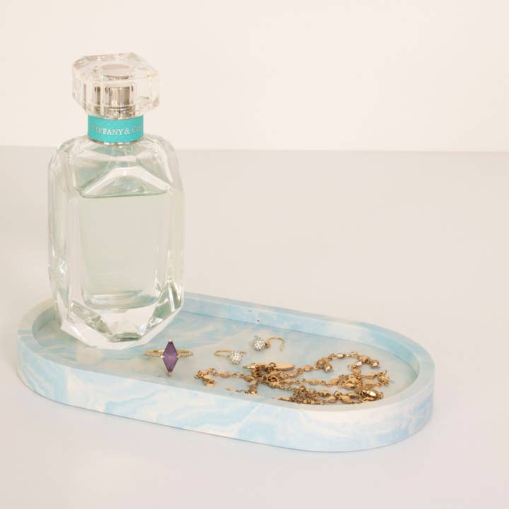 Blue & White Marbled Jesmonite Oval Trinket/Jewellery/Makeup for wholesale by Lunar Living