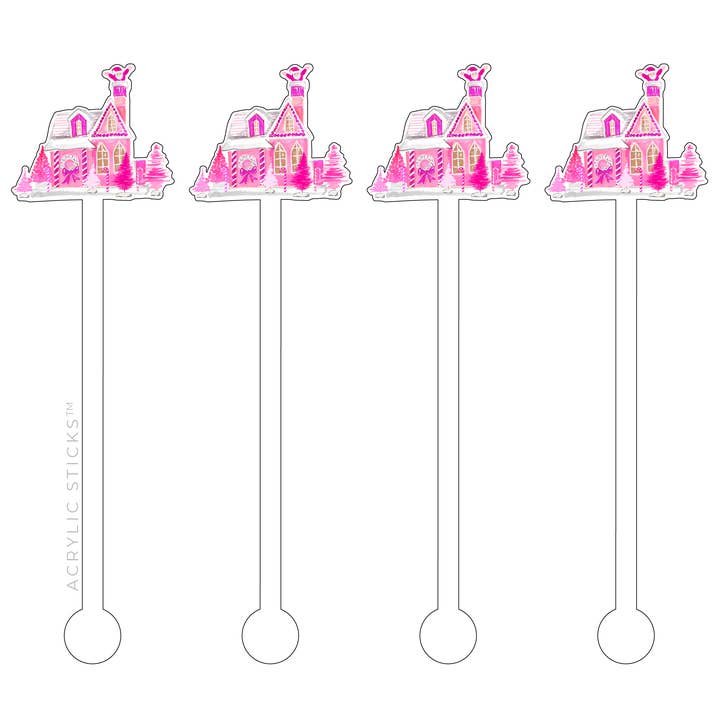 PINK CHRISTMAS GINGERBREAD HOUSE ACRYLIC STIR STICKS for wholesale by XO ACRYLICS | ACRYLIC STICKS