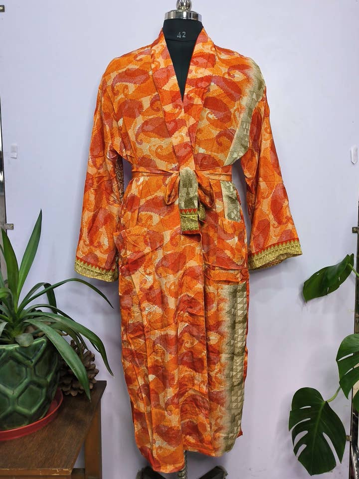 The Eastern Loom - Wholesale Robe - Men's - Men's Silk Recycled Sari Boho Kimonos Regal Lounge Robe1