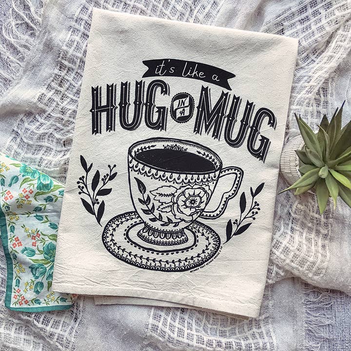 Hug in a Mug Tea Towel for wholesale by Fancy That Design House & Co.