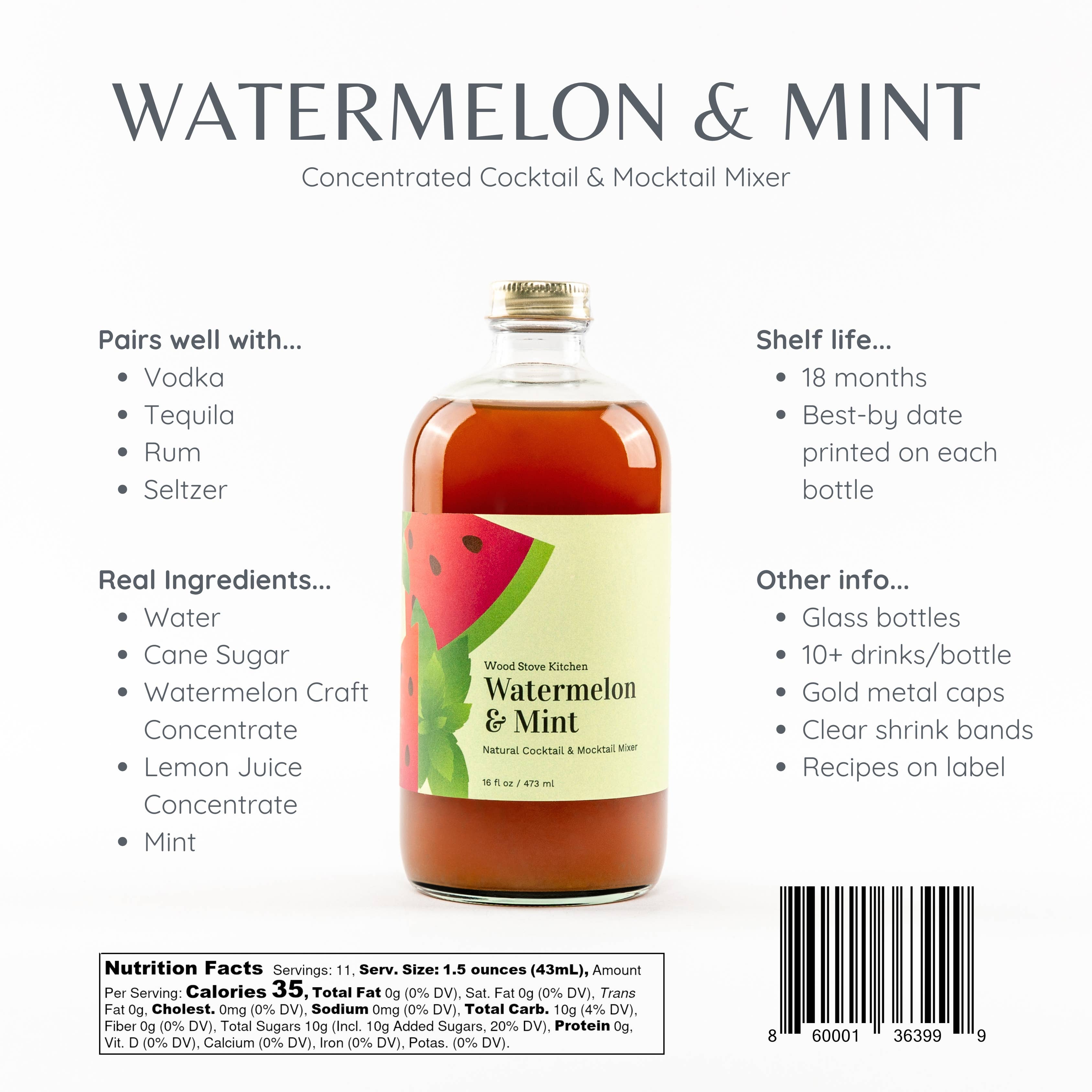 Wood Stove Kitchen - Wholesale Cocktail Mix/Syrup - Watermelon & Mint Cocktail Mixer & Mocktail Mixer, 16 fl oz1