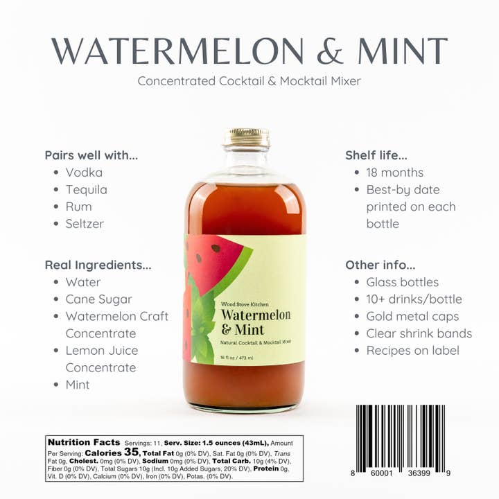 Wood Stove Kitchen - Wholesale Cocktail Mix/Syrup - Watermelon & Mint Cocktail Mixer & Mocktail Mixer, 16 fl oz1
