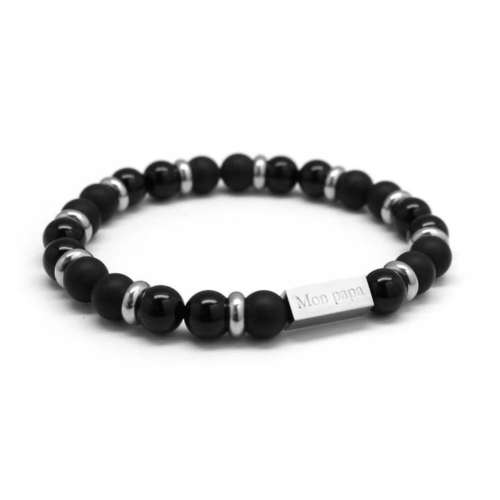 Armband Schwarze Achatperlen Gravur Mein Papa für den Großhandel von Petits Trésors