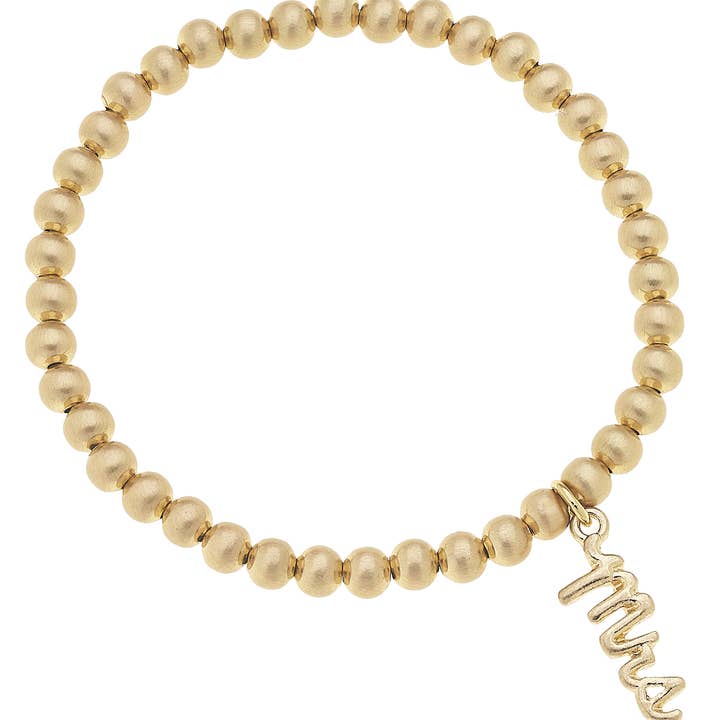 Mrs. Cursive Script Ball Bead Stretch Bracelet in Satin Gold for wholesale by Canvas Style