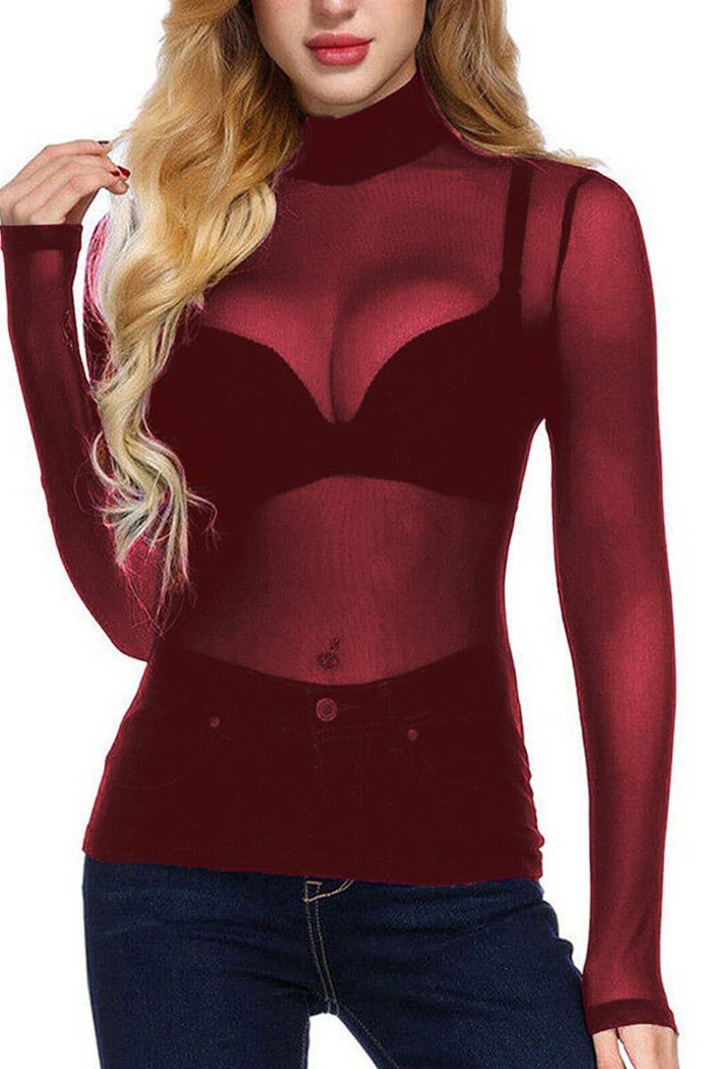 NINEXIS - Wholesale Blouse - Women's - CWTBLL3864_SHEER MESH STRETCH LONG SLEEVE TURTLENECK TOP1