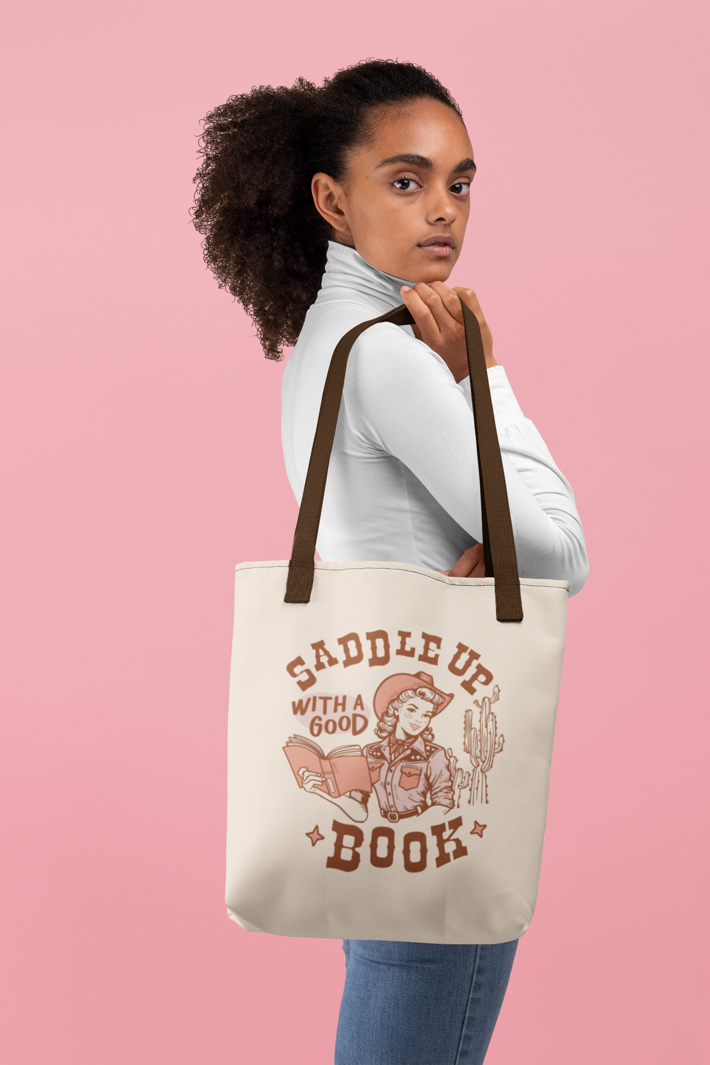 Lucky Luna Apparel - Venta al por mayor Bolsa de asa- Mujer - Bolso Tote con Asa de Color Contrastante Saddle Up With A Good Book6