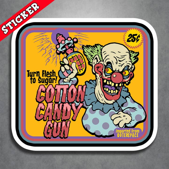 Monsters and Martians LLC - Wholesale Sticker - Killer Klown Cotton Candy Gun Sticker Scifi Retro Horror