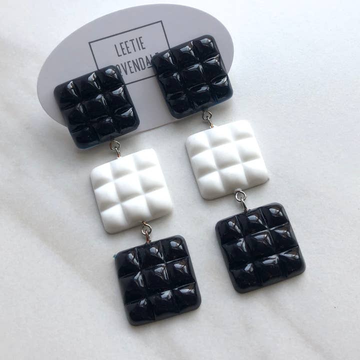 Black & White Waffle Retro Statement Earrings for wholesale by Leetie Lovendale