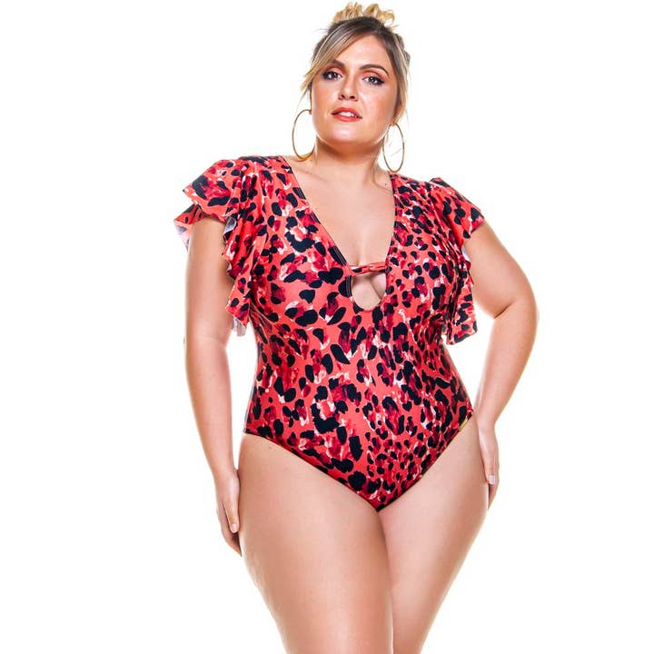 RUFFLE SHOULDER CUPPED BODYSUIT IN SAVANA PRINT for wholesale by Lehona