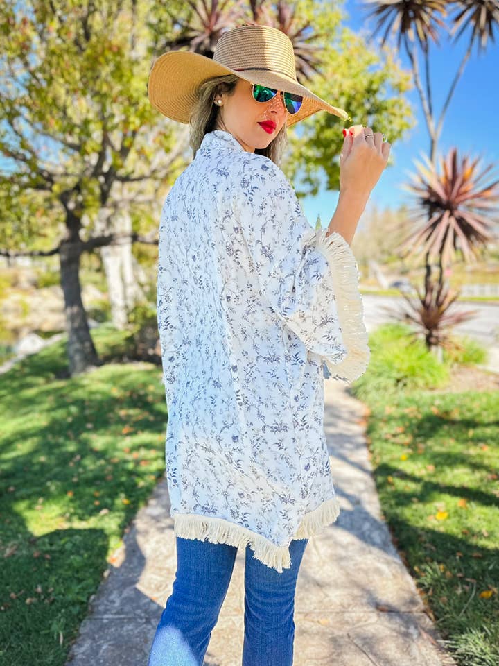 Ivory Boho Floral Printed Kimono with Fringe Trim for wholesale on Faire6
