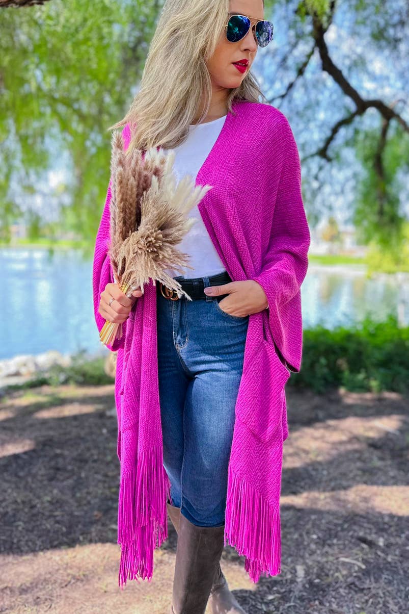 Rosa Casaco Malha Soft Kimono Rosa Com Franja para venda a revendedores na Faire4