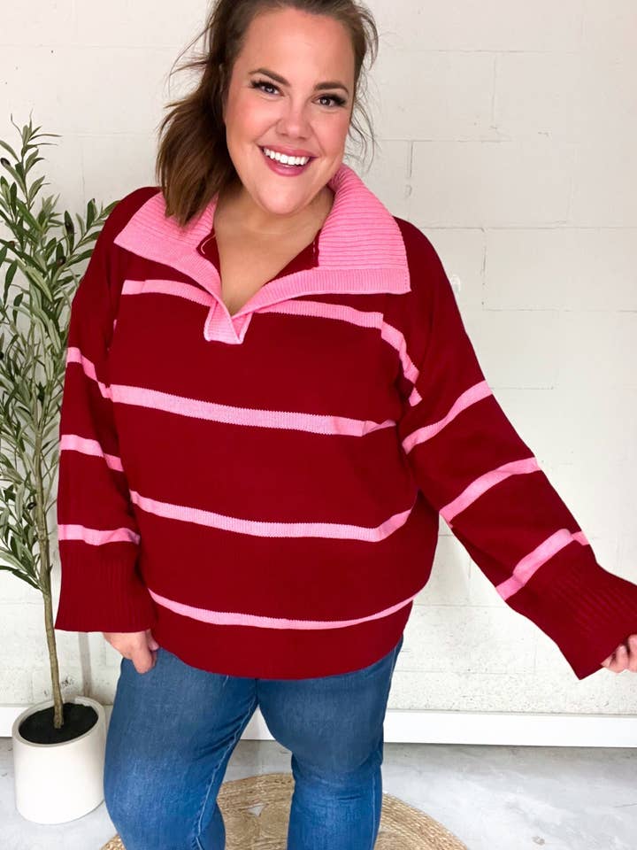 Promenade - Wholesale Knit Sweater - Women's - Fall For You Crimson Stripe Notched Neck Collared Oversized Sweater (Open Pack)