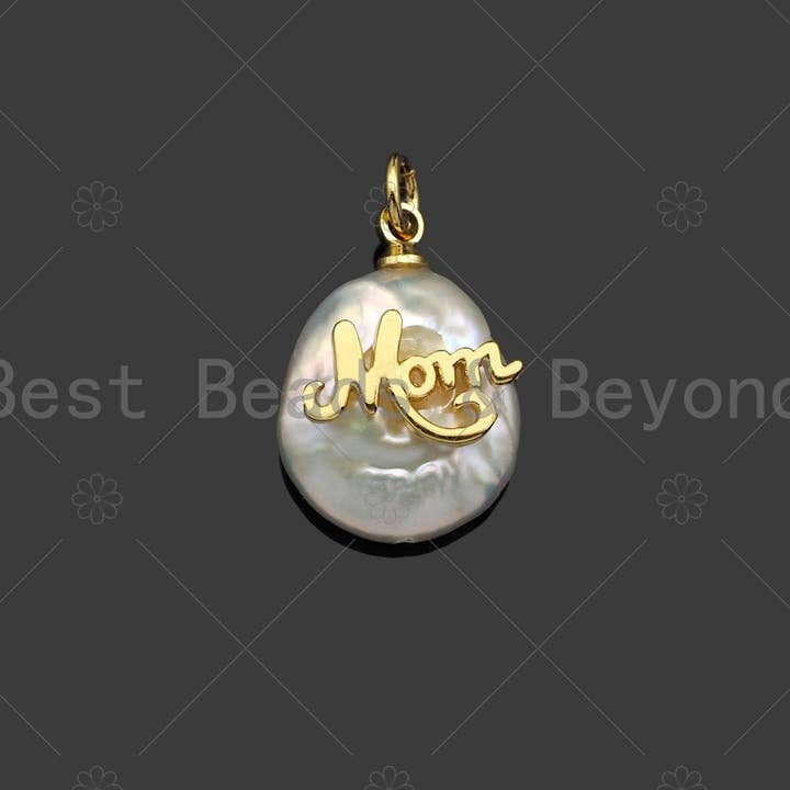 Gold Filled Mom Word On Pearl Pendant, Bracelet Necklace Natural Pearl Charm, 18K Gold Filled Mom Pendant Charm,13x19mm,Sku#Z1365 for wholesale by BestBeads&Beyond