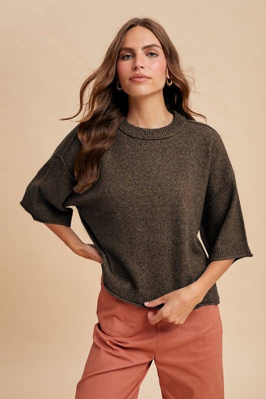 Vanilla Monkey - Wholesale Knit Sweater - Women's - Melange Loose Fit Crop Short Sleev Sweater Top5