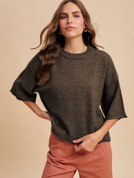 Melange Loose Fit Crop Short Sleev Sweater Top for wholesale by Vanilla Monkey