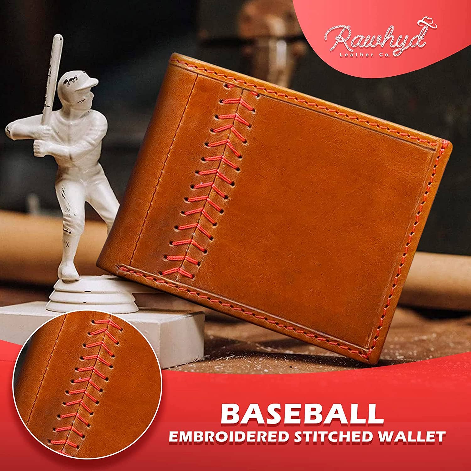 RAWHYD Leather Co. - Wholesale Wallet - Men's - RAWHYD - Baseball Stitch Bi-fold Leather Wallet - 3 4/8" x 4 5/8"1