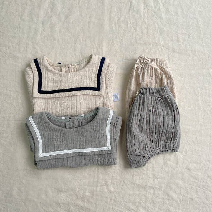 Conjunto de niña bebé de camisa de color sólido con diseño de gran solapa y pantalones cortos estilo marinero. para venta al por mayor de MyKids-USA®