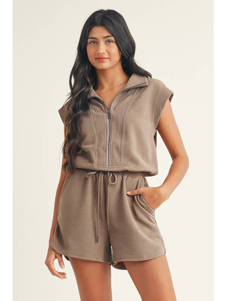 Little Daisy Closet - Wholesale Romper - Women's - LDC Textured Short Sleeve Half Zip Drawstring Waist Romper