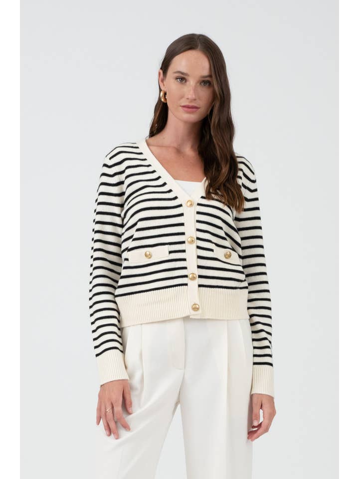 The Workshop Studio - Wholesale Cardigan - Women's - STRIPE V NECK GOLD BUTTON DOWN KNIT CARDIGAN
