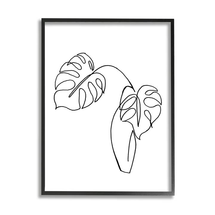 Stupell Industries - Wholesale Kunstprint - Monstera planten in vaas enkele lijn tekening zwart ingelijste kunst