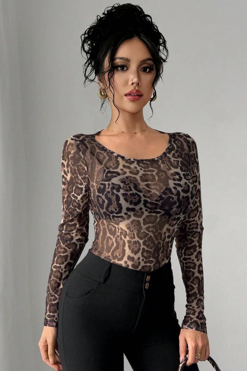 BROWN CWTBLL3911_SHEER LEOPARD MESH CREW NECK SLIM FIT TEE for wholesale on Faire