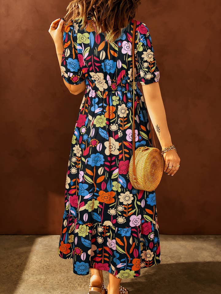 FULL TIME PURCHASE - Wholesale Dress - Women's - Retro Floral Printed Split Neck Maxi Dress