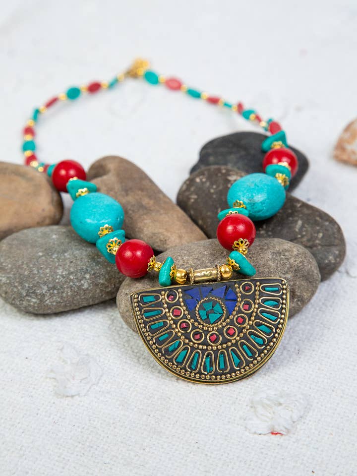 Turquoise & Red Beaded Statement Necklace – Handcrafted Boho for wholesale by ANJI