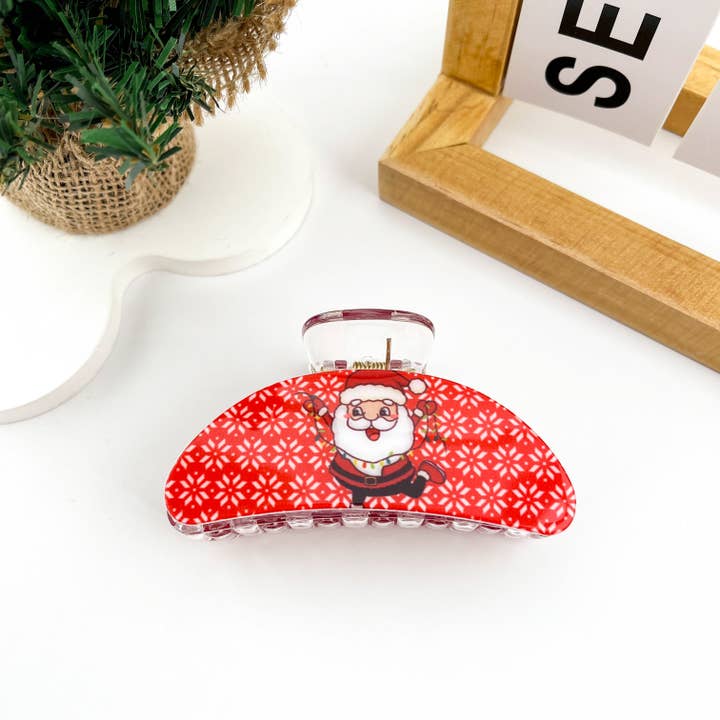 mildstyles - Wholesale Hair Clip - Women's - Christmas Red PU Santa Claus Printed Crescent Hair Claw Clip4