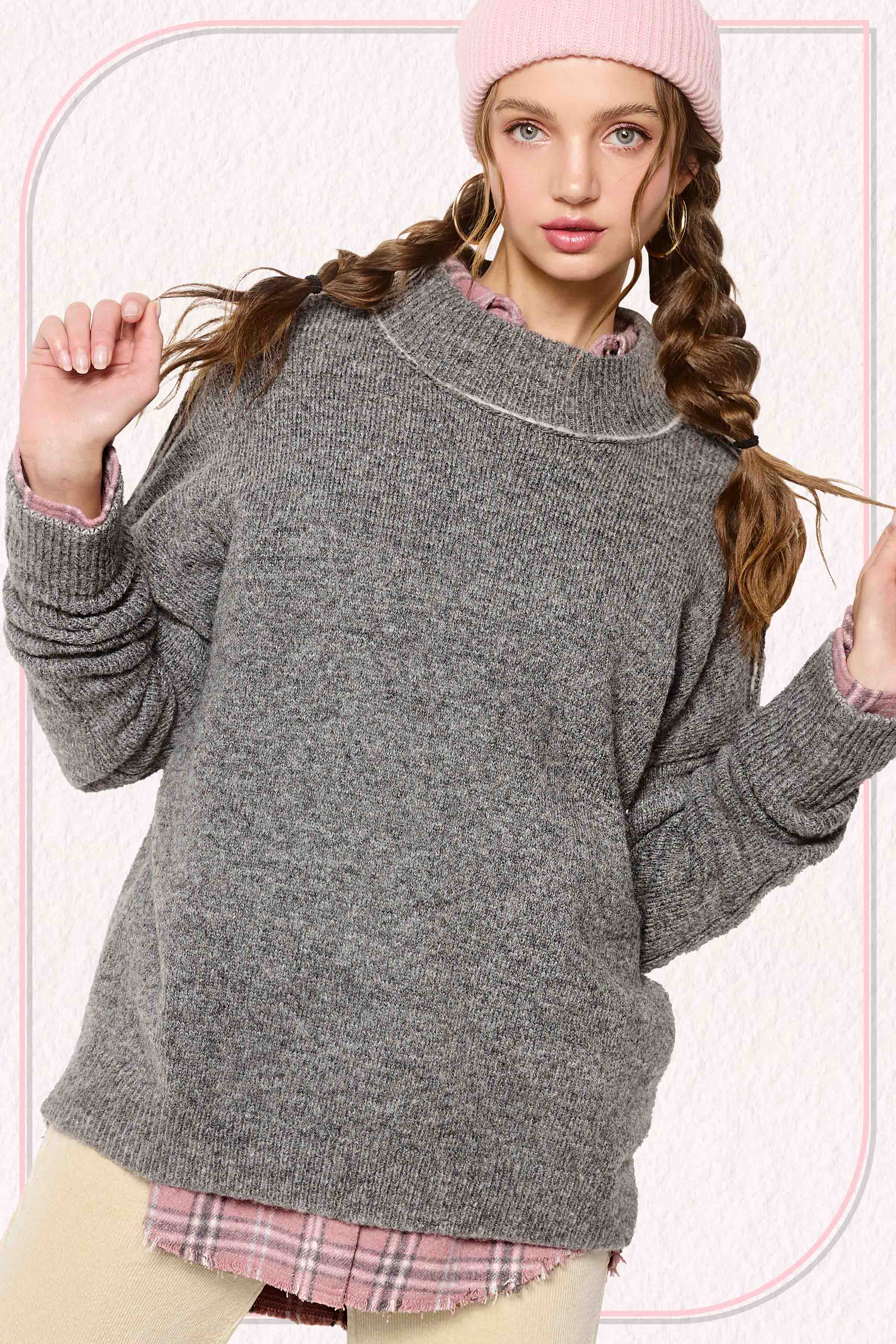 La Miel - Wholesale Knit Sweater - Women's - MCS3566-Loose Fit Mock Neck Exposed Seaming Detailed Sweater39