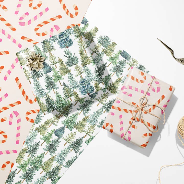 KelseyMDesigns - Wholesale Wrapping Paper Roll - Evergreen Christmas Trees Wrapping Paper - 3 Sheet Roll