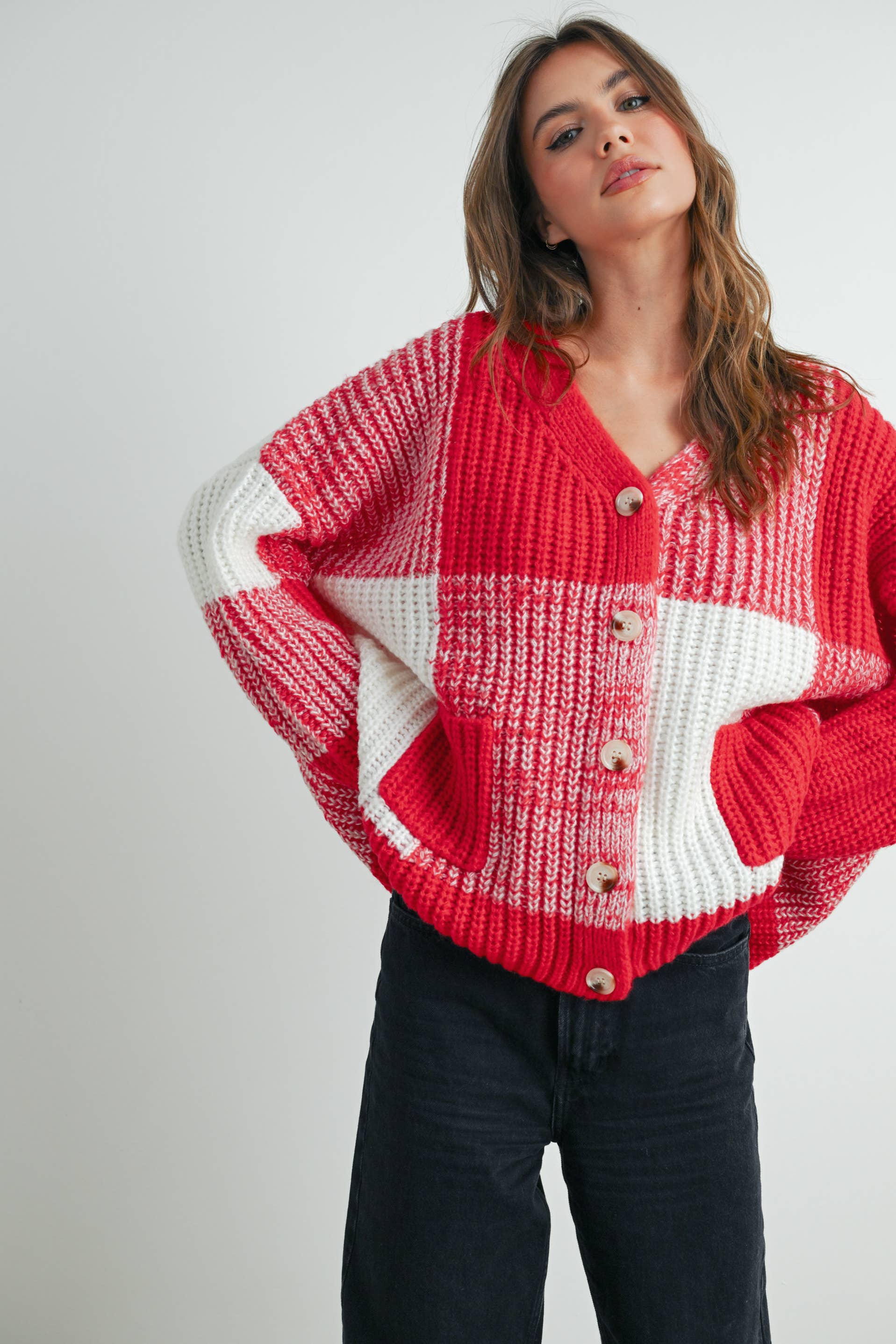 BUTTERMELON - Vendita all'ingrosso Cardigan - Donna - Cardigan oversize a quadretti con spalla scesa - BMC76077