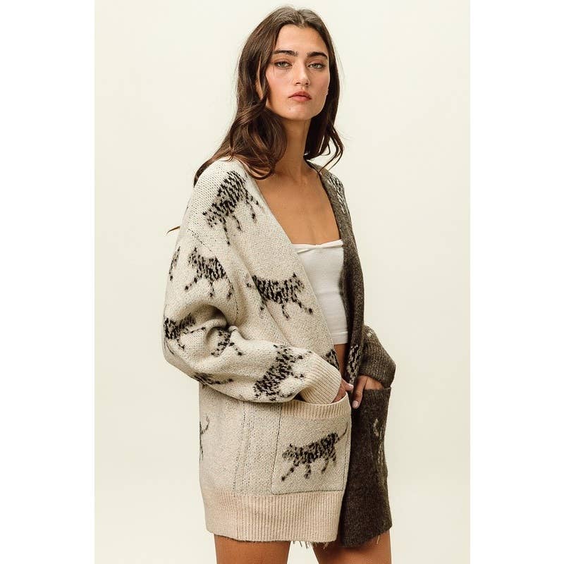 IVE - Vente Cardigan – femme - CARDIGAN À COL EN V À MOTIF TIGRE ET POCHES PLAQUÉES12
