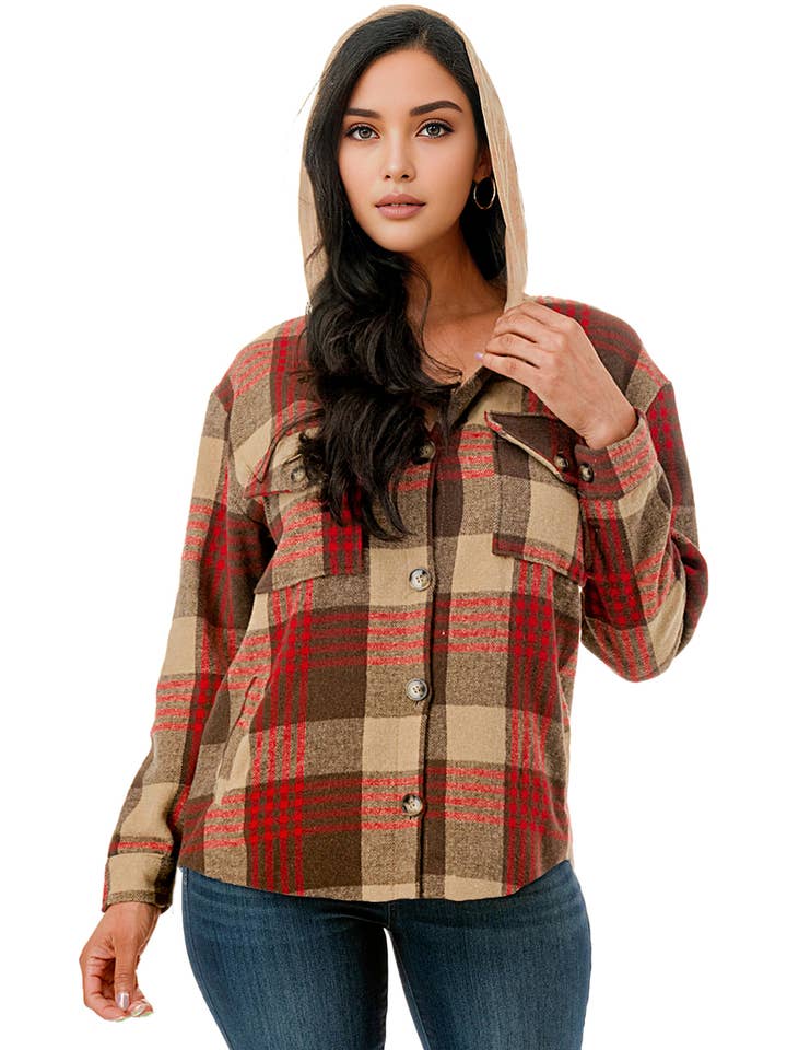 Color 5 - Wholesale Shirt Jacket/Shacket - Women's - Over size plaid flannel shacket with hoodie and pockets 16